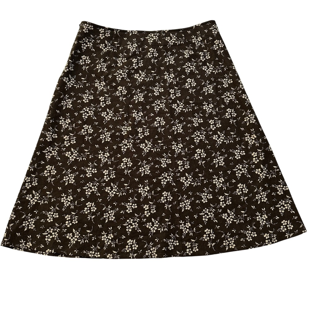 Eddie Bauer Floral Midi Skirt Womens 8 Brown Linen‎ Cotton Cottagecore Modest